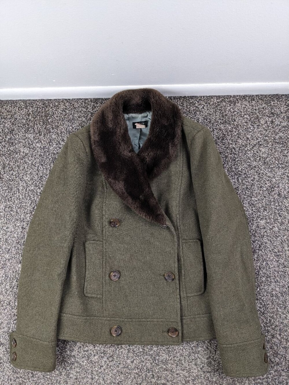 J Crew Pea Coat Wool Double Breasted Faux Fur Collar Green Womens 4